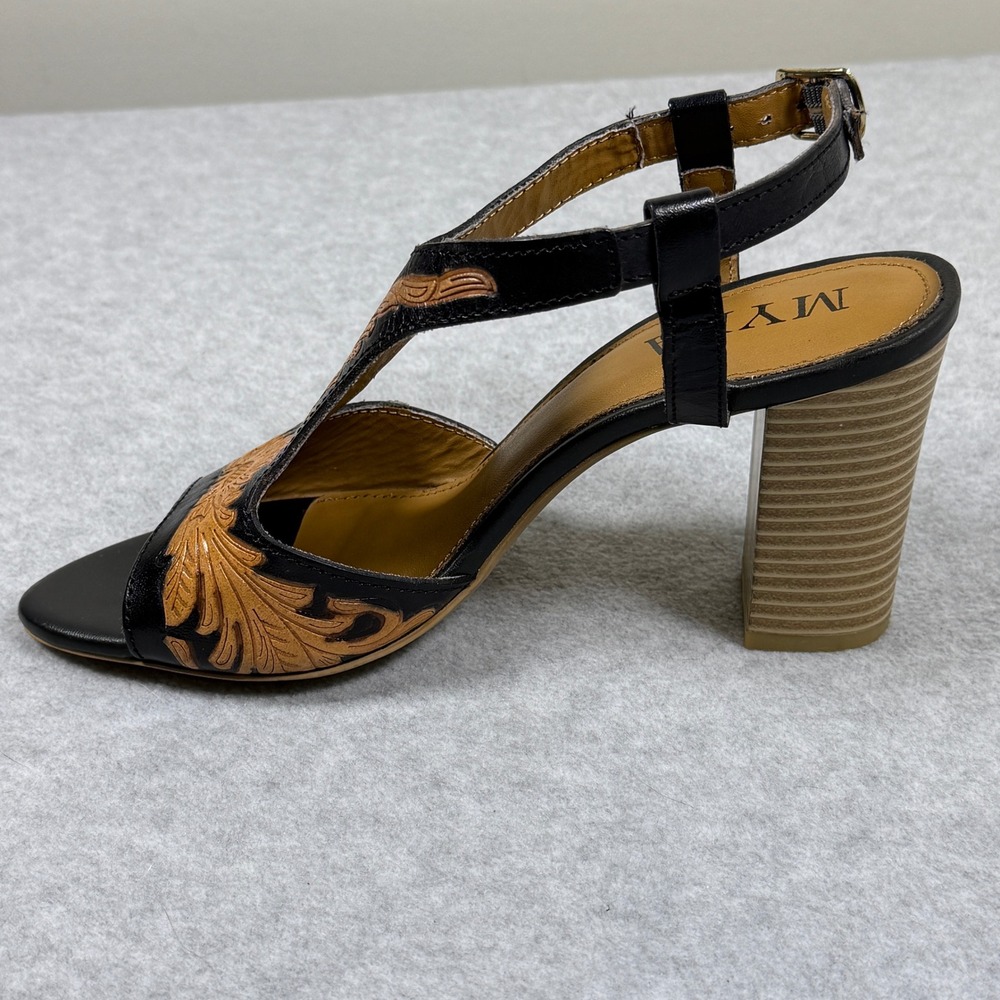 Myra Handtooled Leather Heels Rodeo Rose Natural Brown Sandals Western Cowgirl - Picture 7 of 8